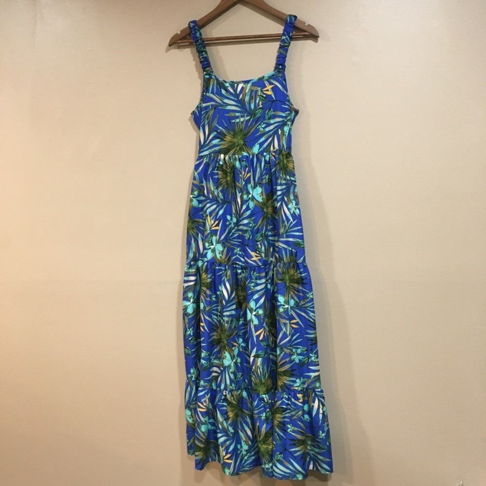 BOG Collective Tropical Floral Tiered Maxi Dress Womens M Blue Green Boho Resort - Picture 2 of 14